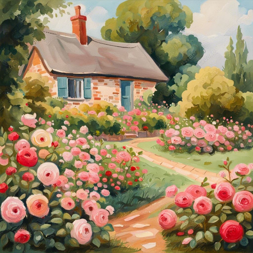 English Rose Garden in Gouache Watercolor Style