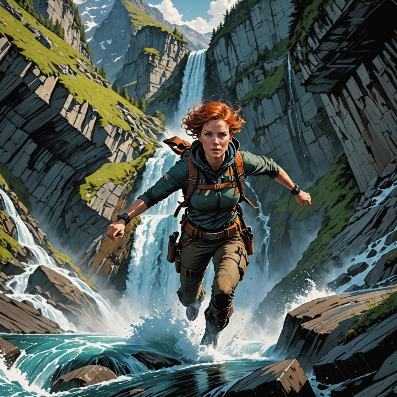 Adventurer Dives Waterfall in Swiss Alps, Comic Art Style