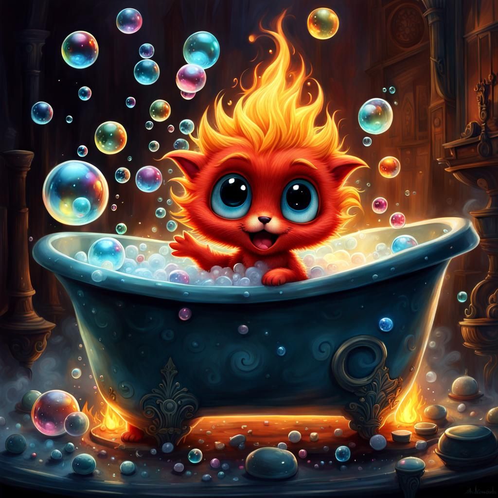Fire Elemental's Bath: Steampunk Storybook Illustration