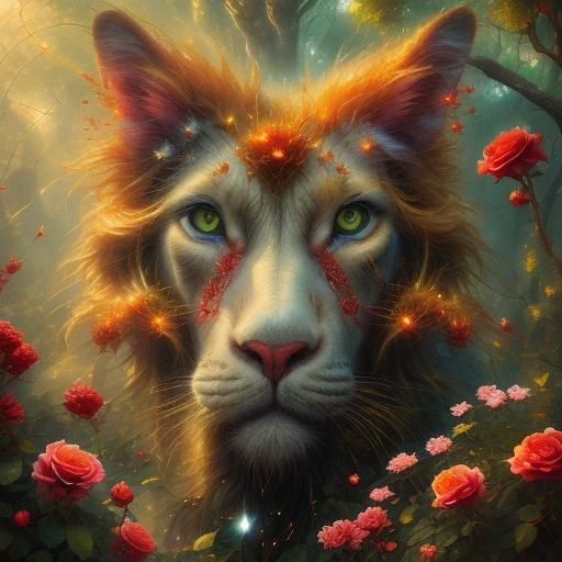 Red Fairy in Rose Garden Oil Painting