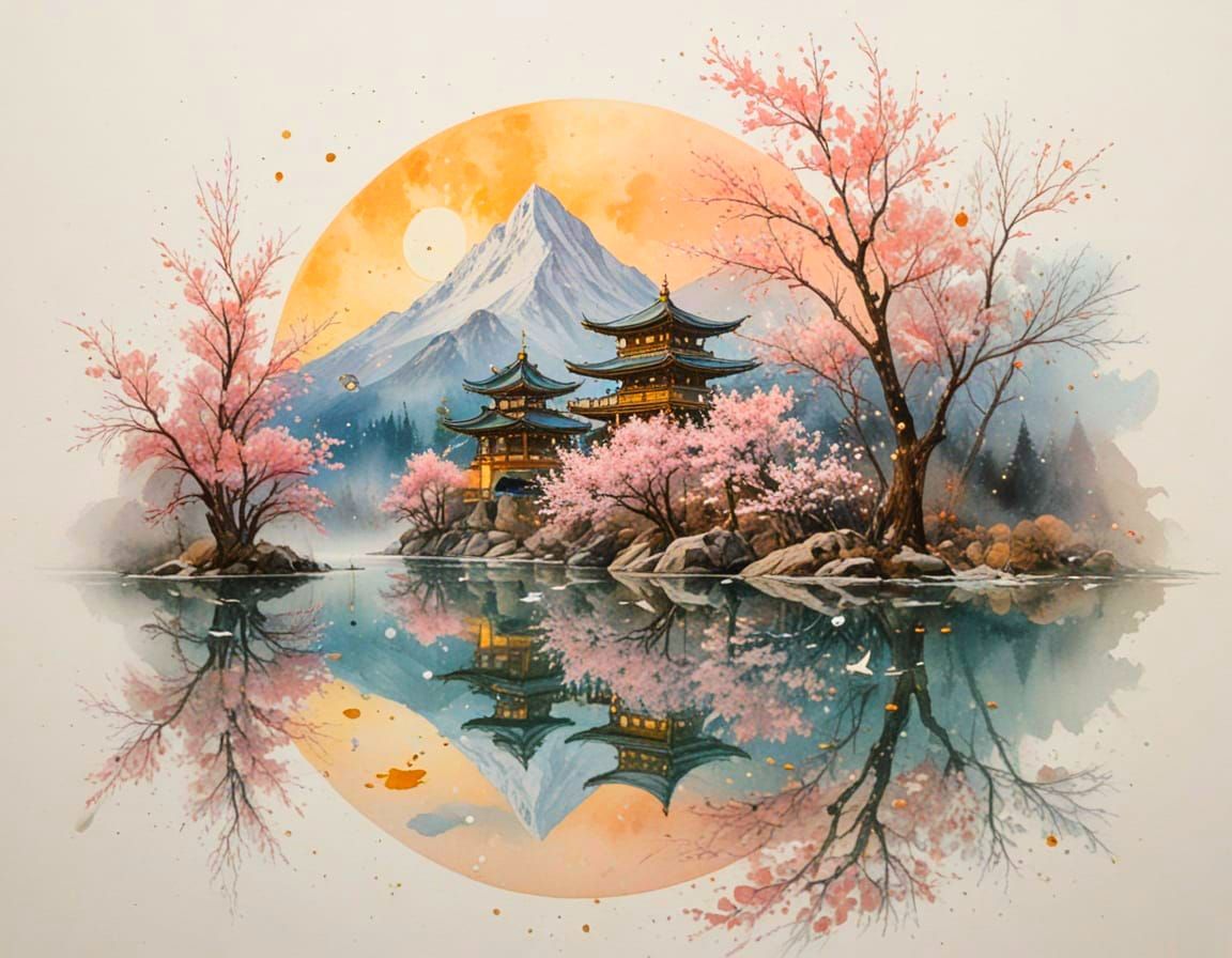Ethereal Dreamscape of Snowy Mountains and Almond Blossoms