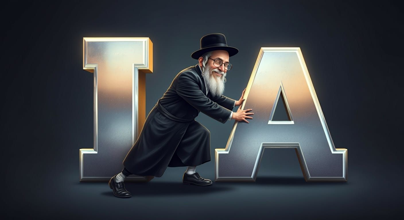 Hasidic Nerd Pushing Metallic Letter in Comic Style