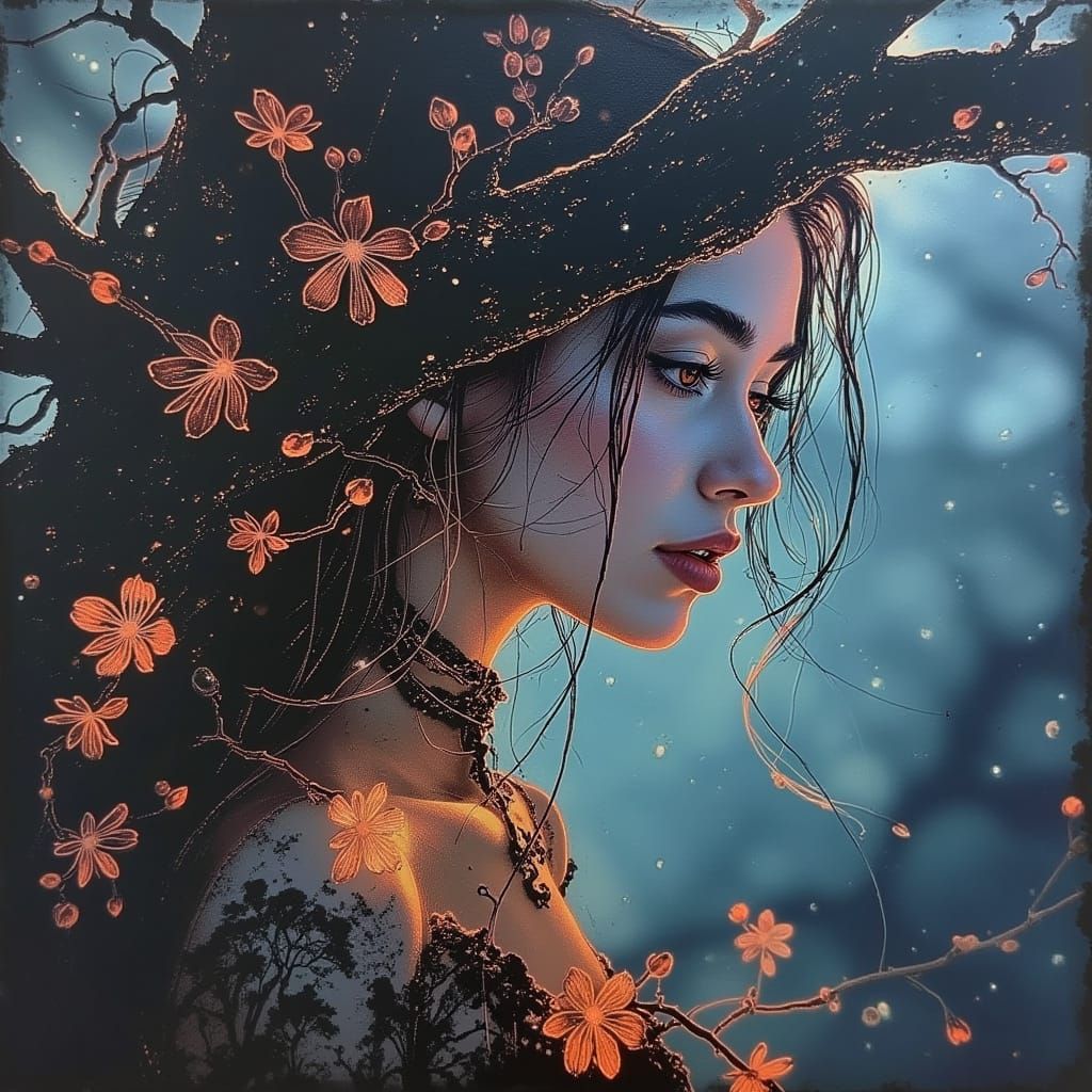 Ethereal Dryad Emerging from Ancient Oak in Twilight Forest