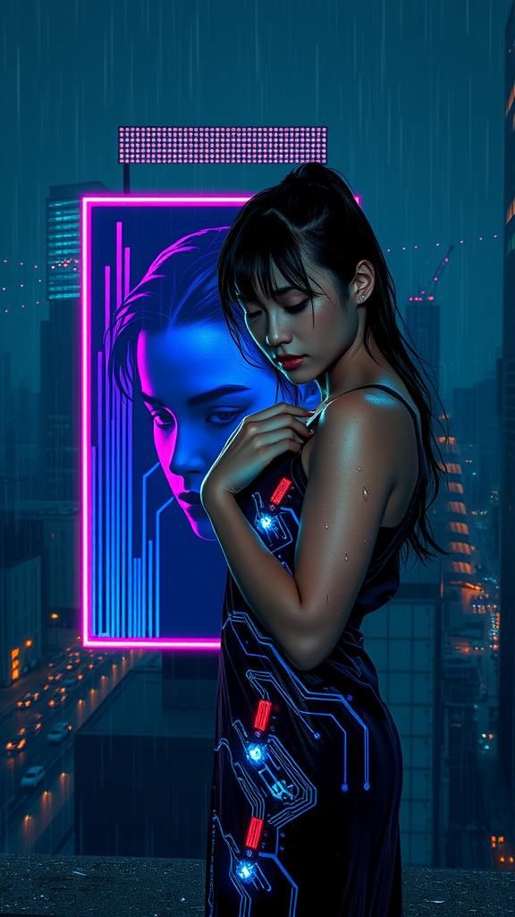 Cyberpunk Woman in Rainy Cityscape