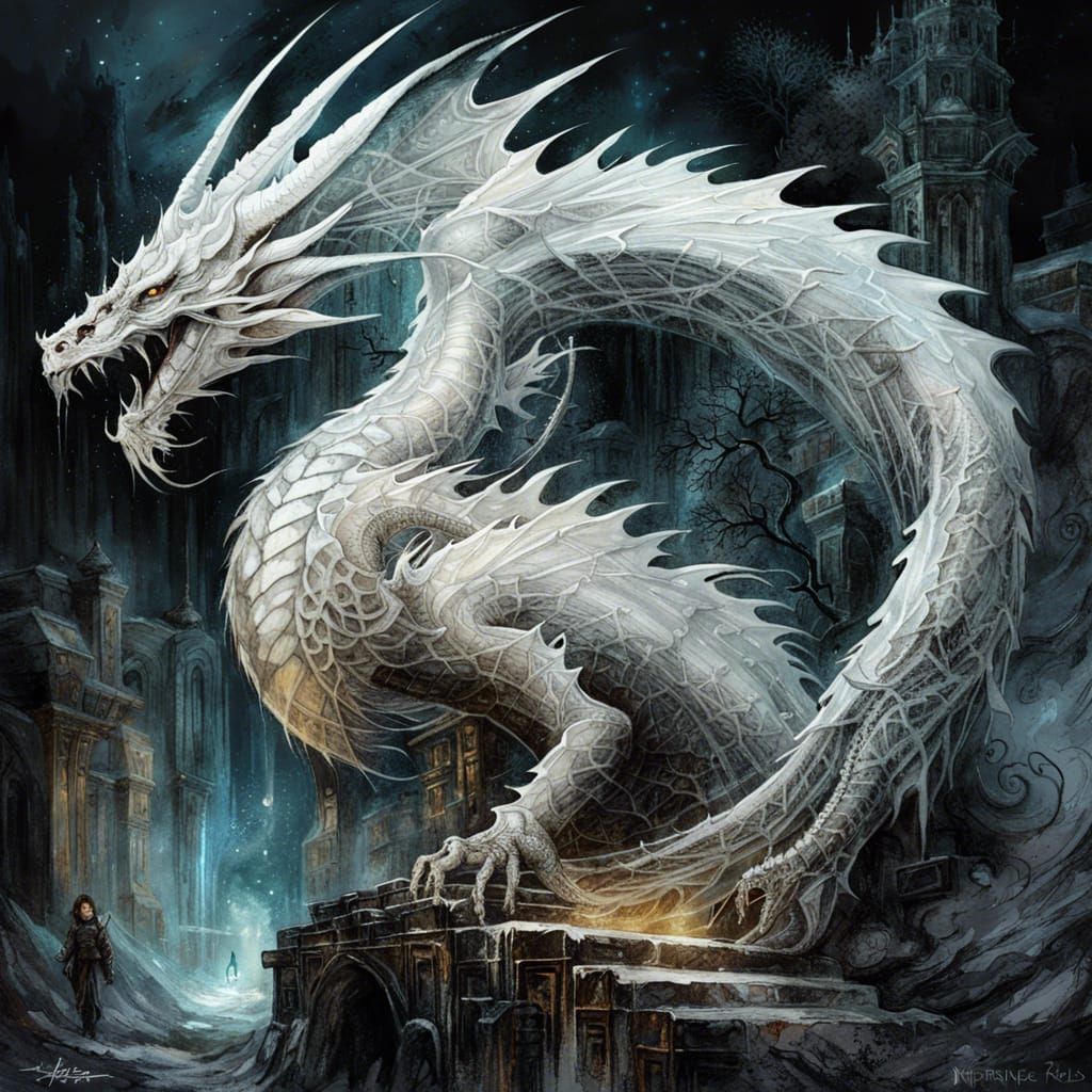 Eerie White Dragon Guards Graveyard, Dark Fantasy Art