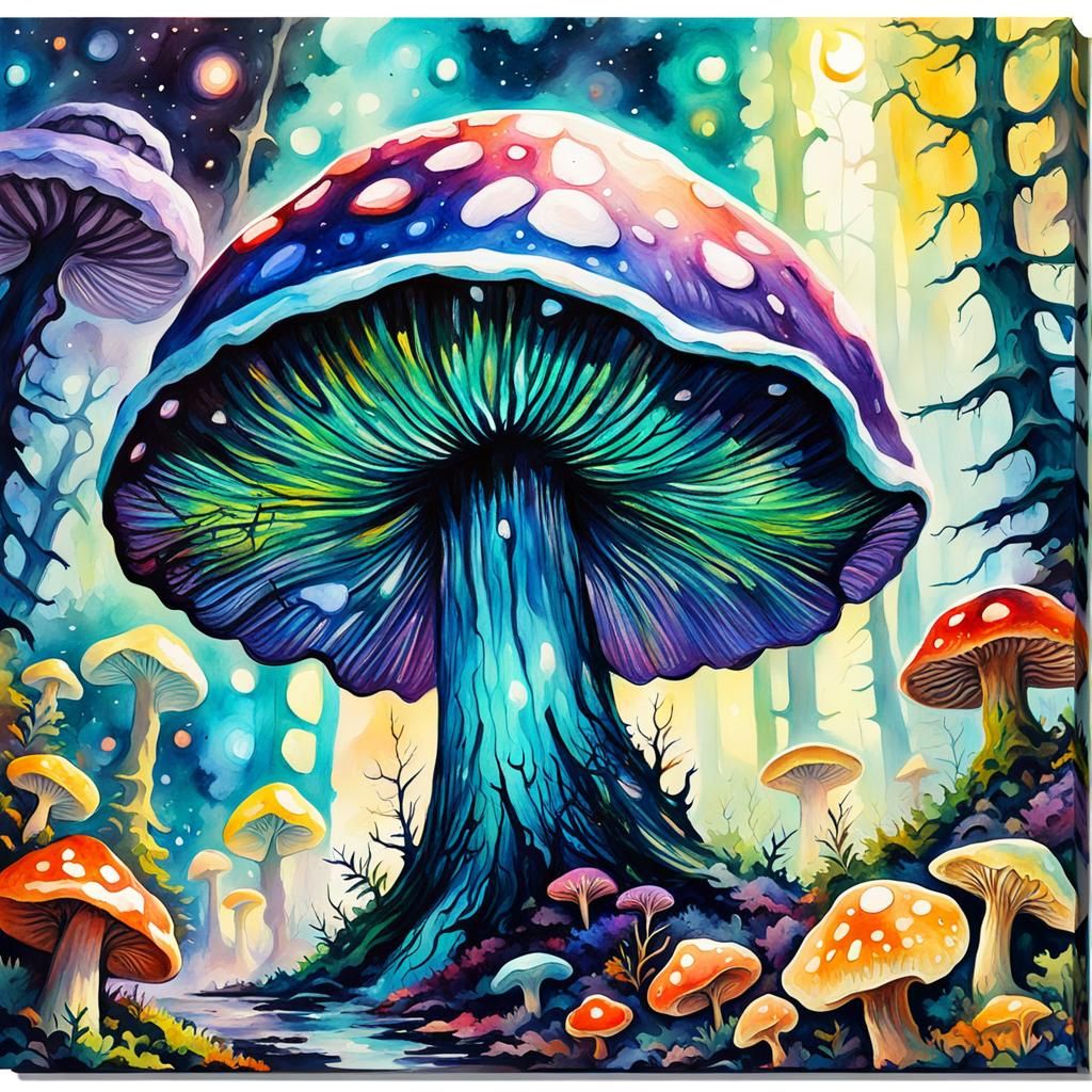 Ethereal Cosmic Mushroom Forest in Gouache Style