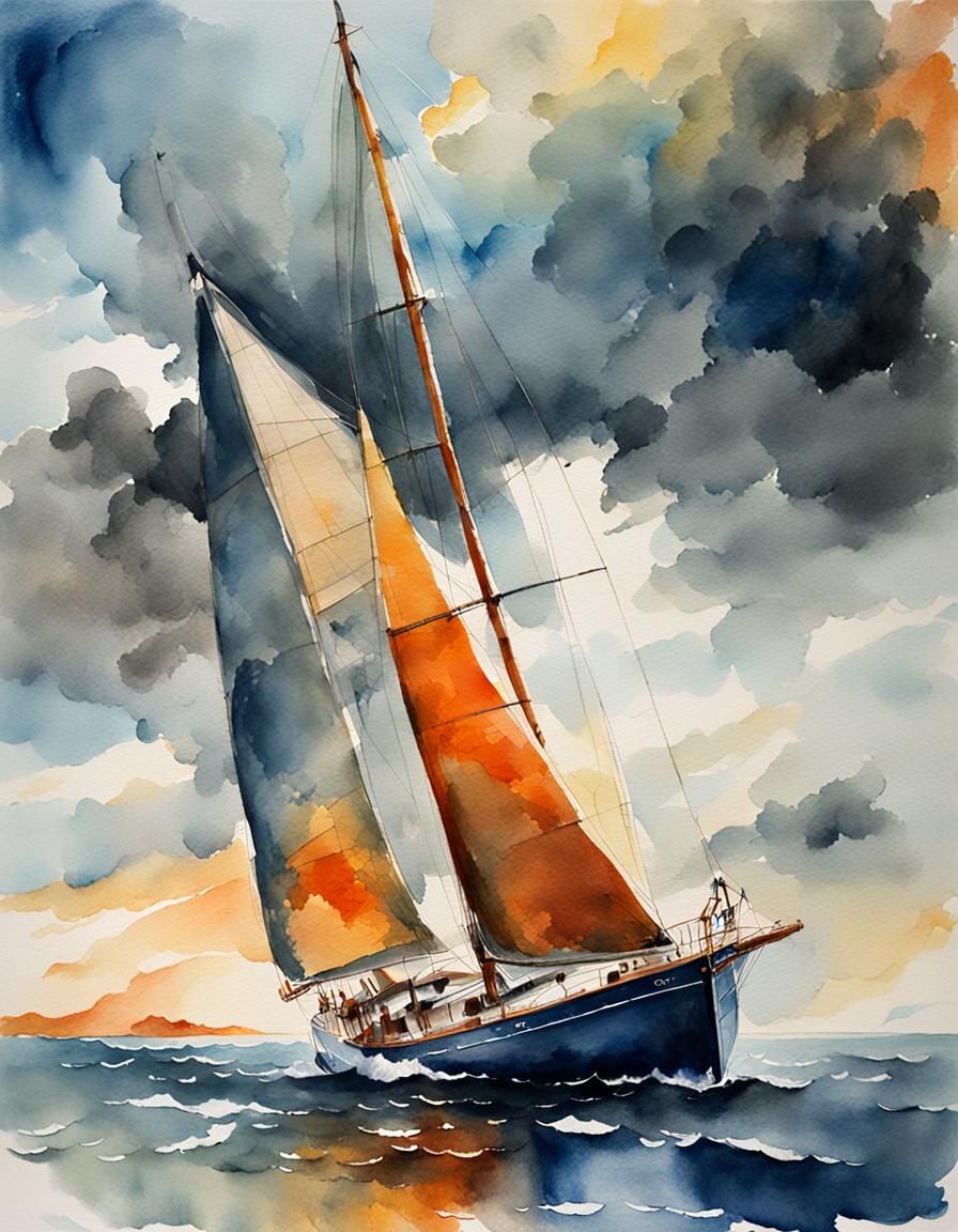 Sailboat Navigates Stormy Seas in Watercolor Painting