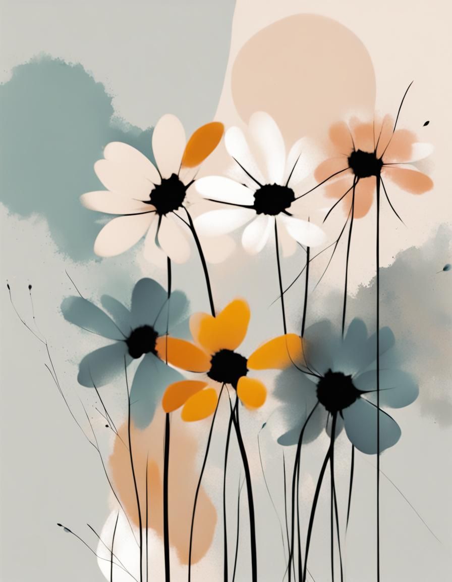 Modern Minimalist Abstract Flowers with Color Accents