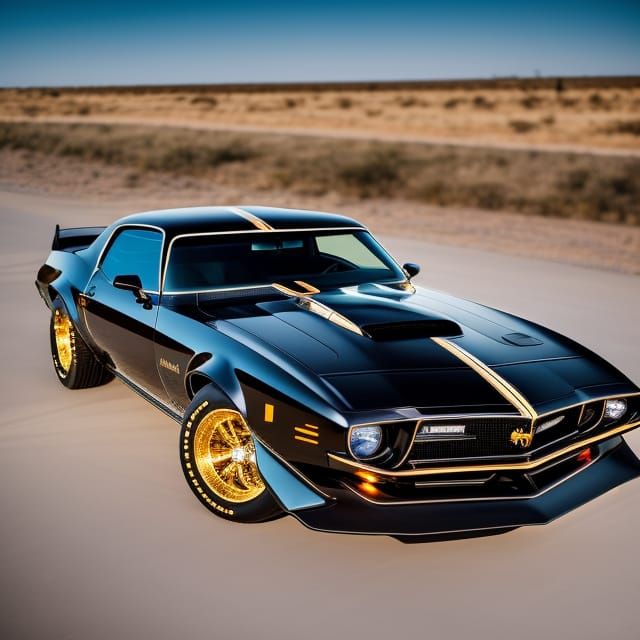 Detailed Black Muscle Car with Golden Phoenix Logo