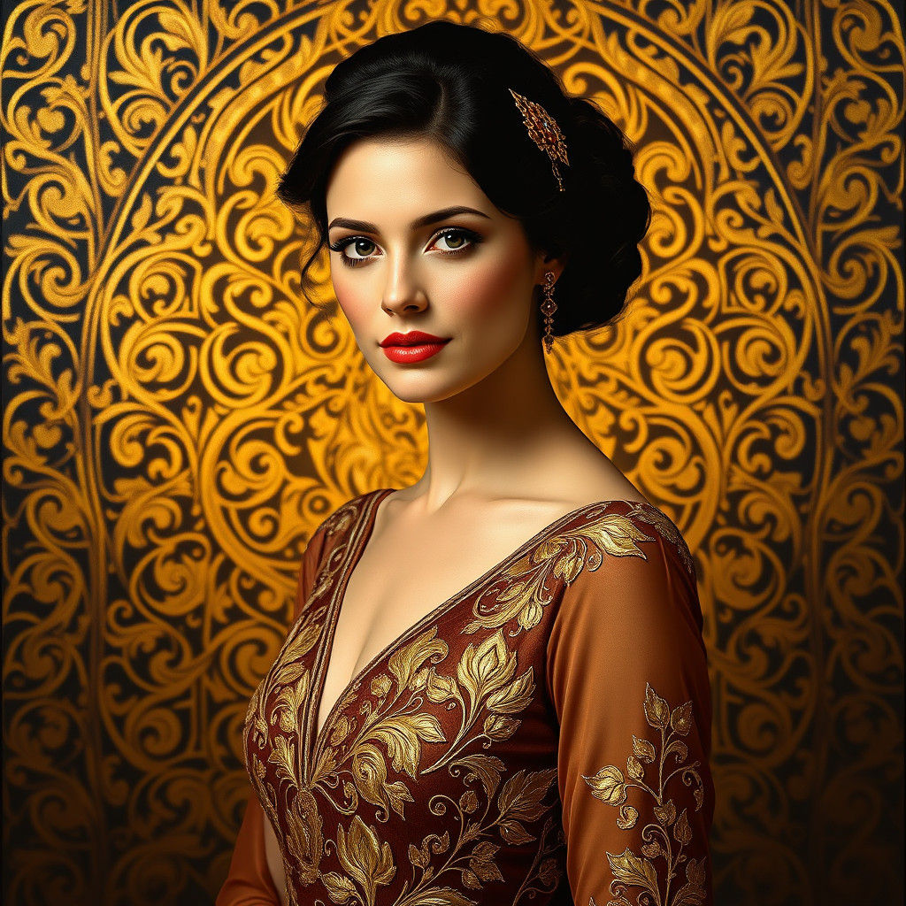 Woman in Gown Posing in Art Deco Style