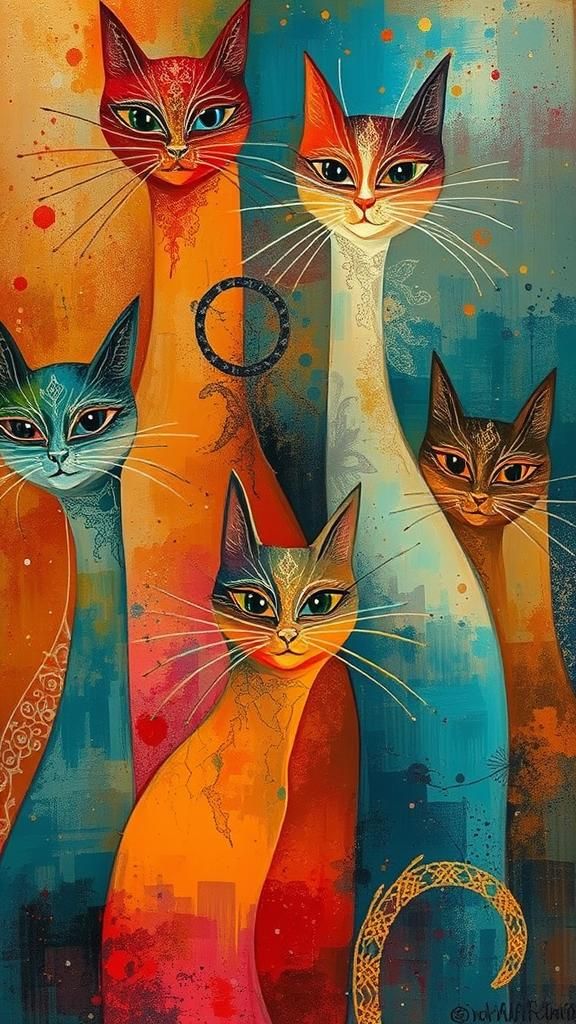 Whimsical, dreamlike felines with delicate, lace-like patterns and expressive brushstrokes, reminiscent of folk art, in ...