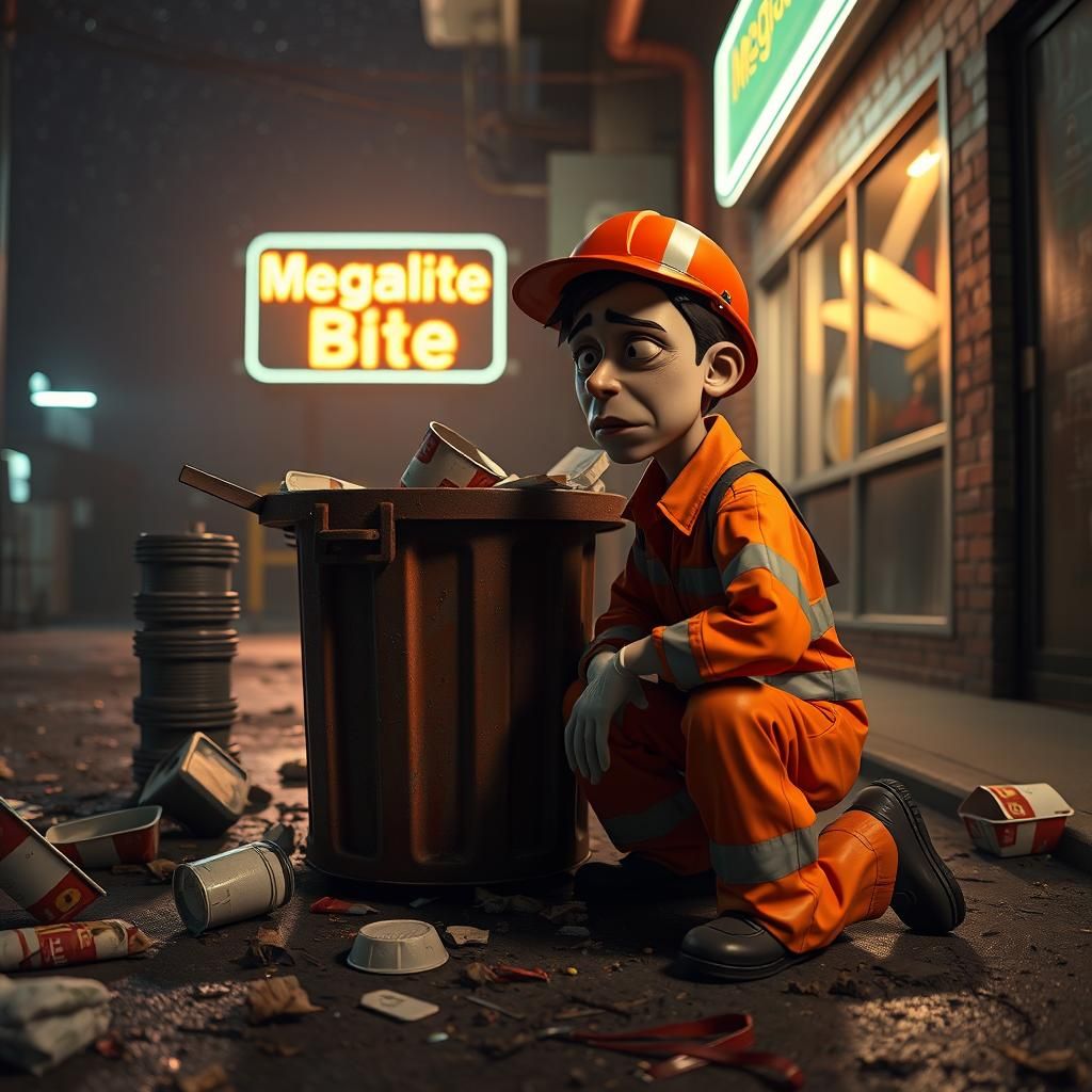Claymation Worker in Alleyway with Neon Sign