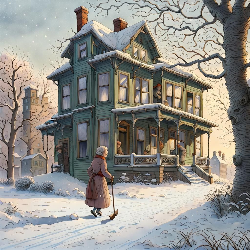 Victorian Winter Dawn Watercolor Painting