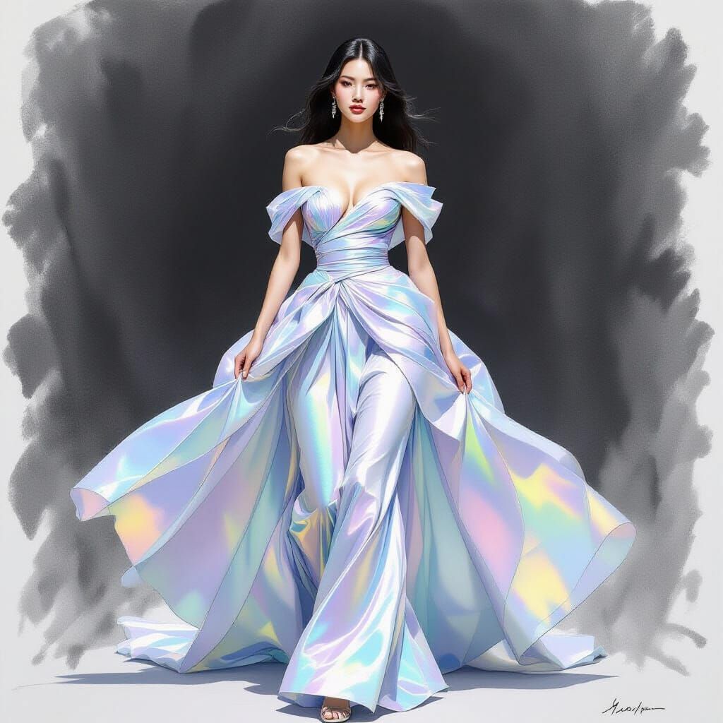 Korean Supermodel in Flowing Iridescent Gown - Charcoal Draw...