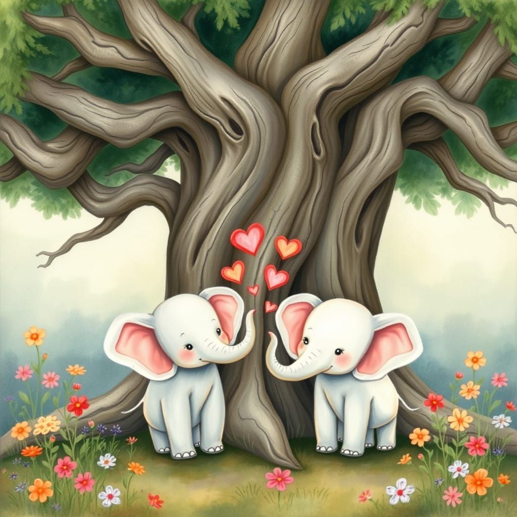 Whimsical Elephants Under a Tree, Beatrix Potter-Inspired St...