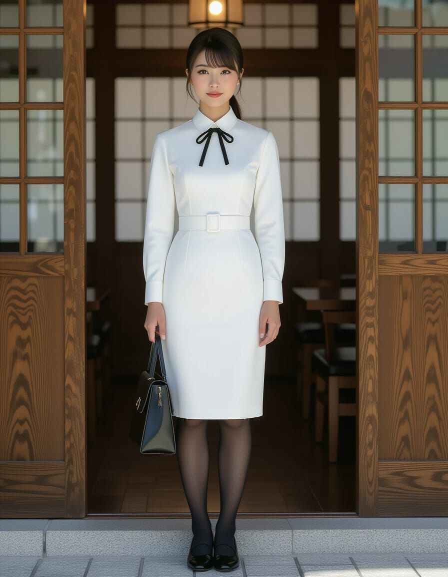 Elegant Japanese Woman in White Serge Dress