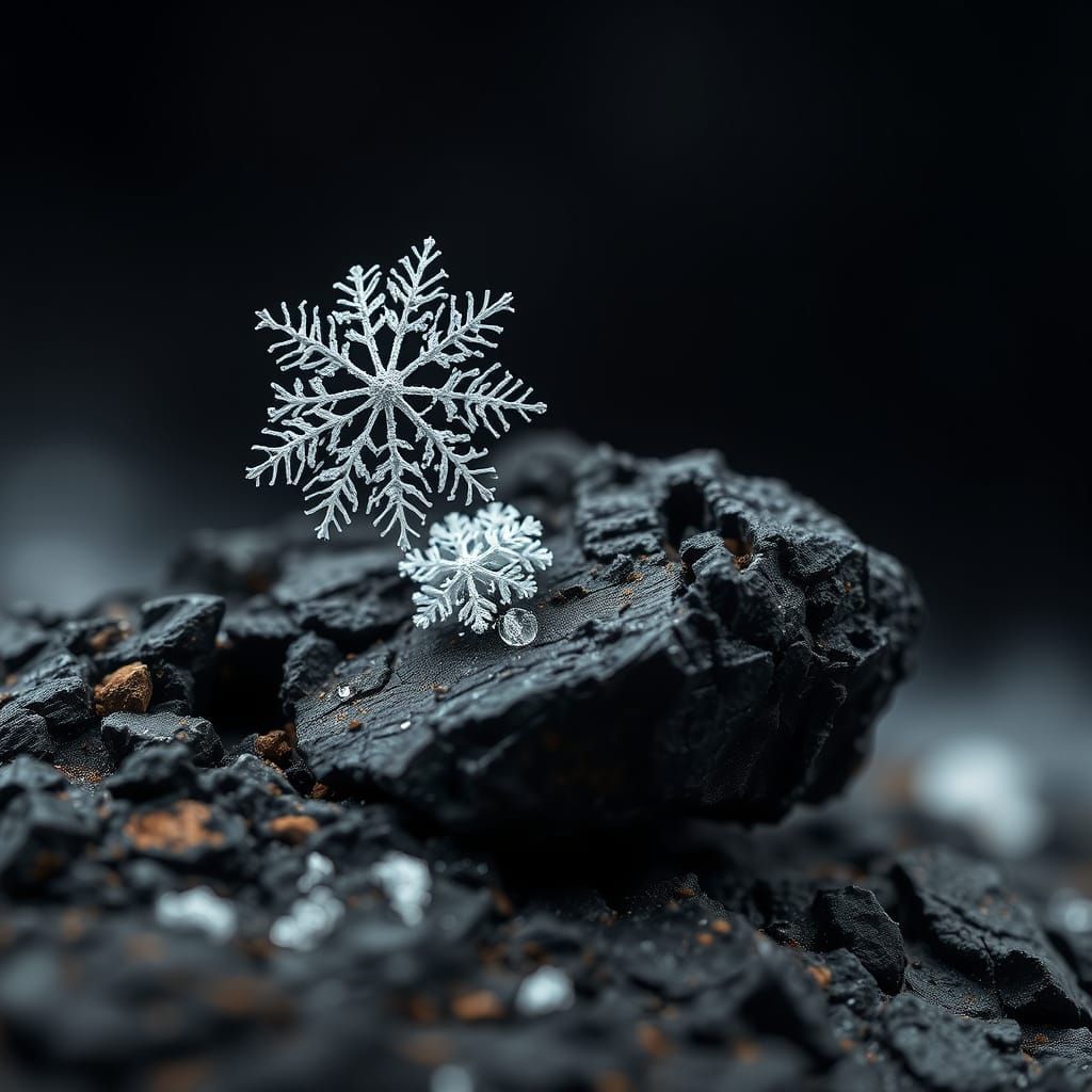 Pristine Snowflake on Scorched Rock in High Contrast