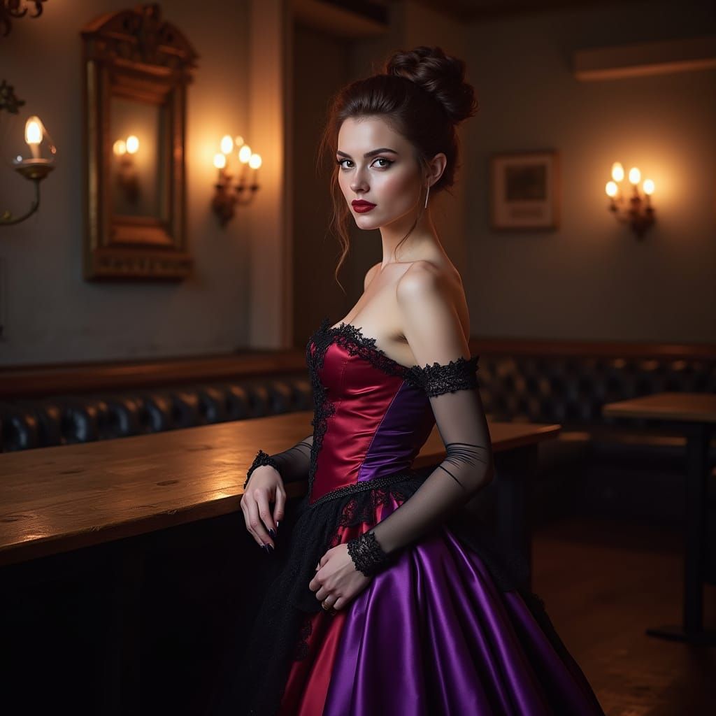 Gothic Woman in Dimly Lit Tavern