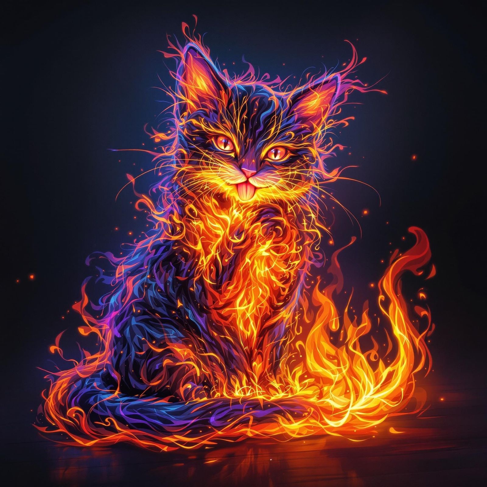 Fiery Kitten Licking Paw, Digital Illustration