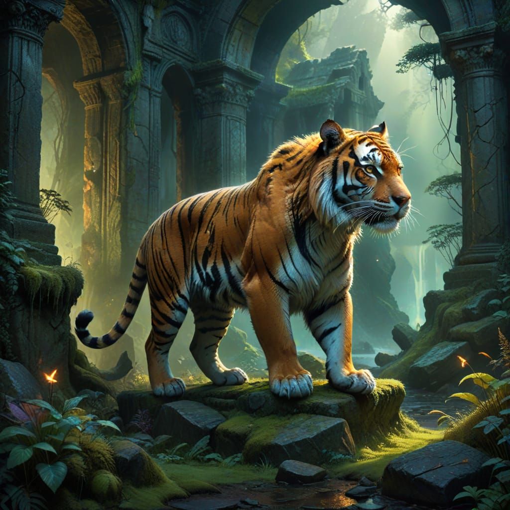 Majestic Tiger in Ancient Ruin Digital Matte Painting