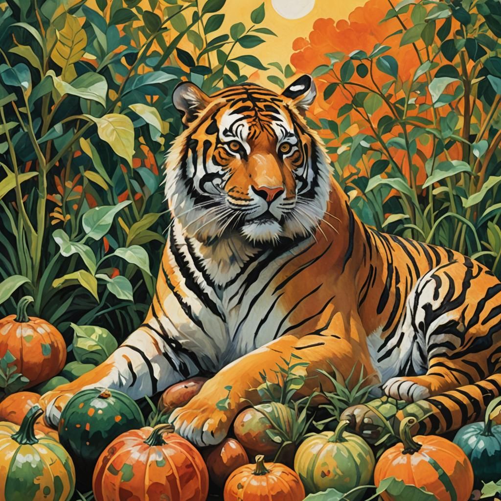 Tiger and Gourd Gouache Painting in Fauvist Style