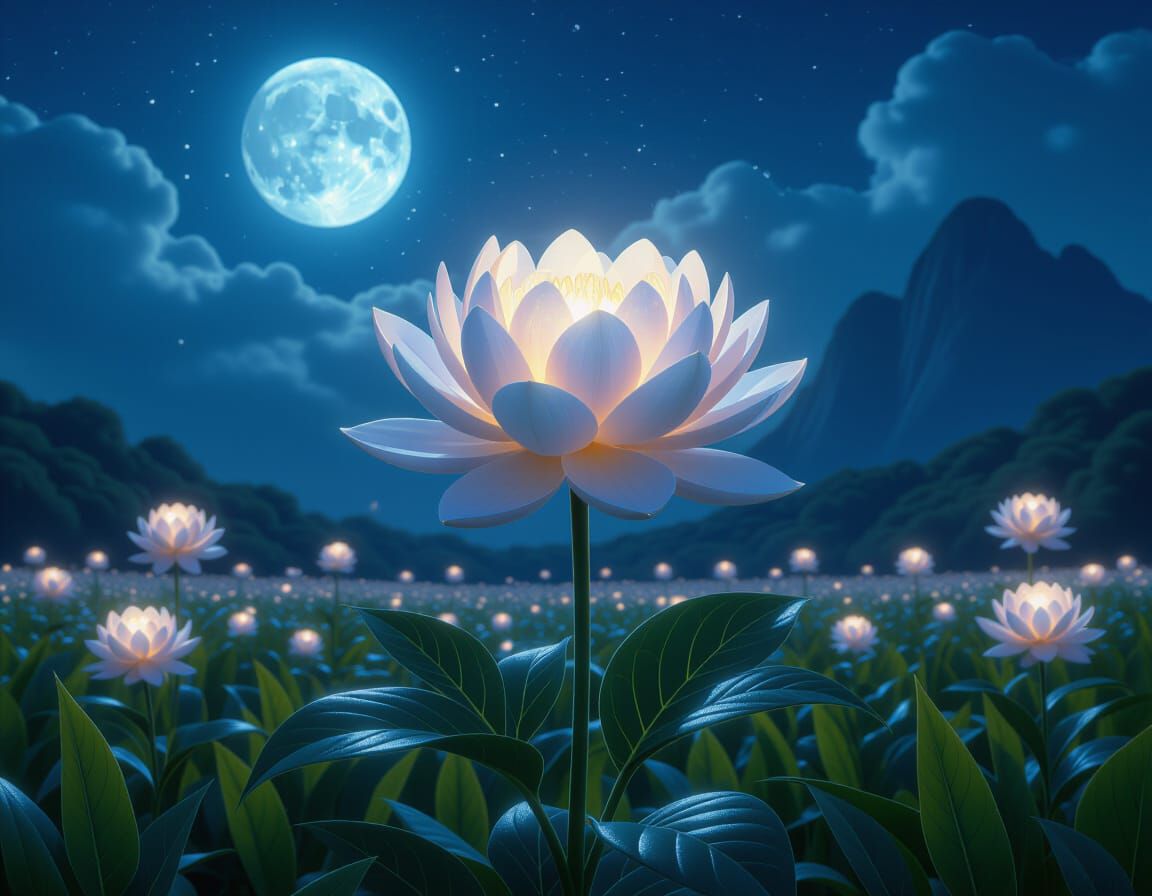 Moonstone Gem Fantasy Flower in Tropical Moonlight