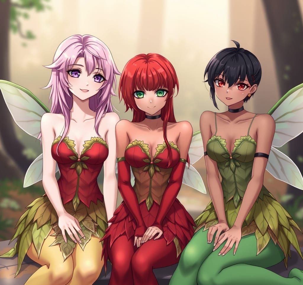 Anime Fairies in Leaf Dresses Gather Together