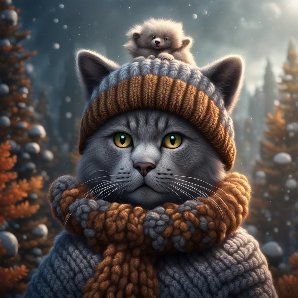 Fluffy Grey Cat in Knitted Bear Hat
