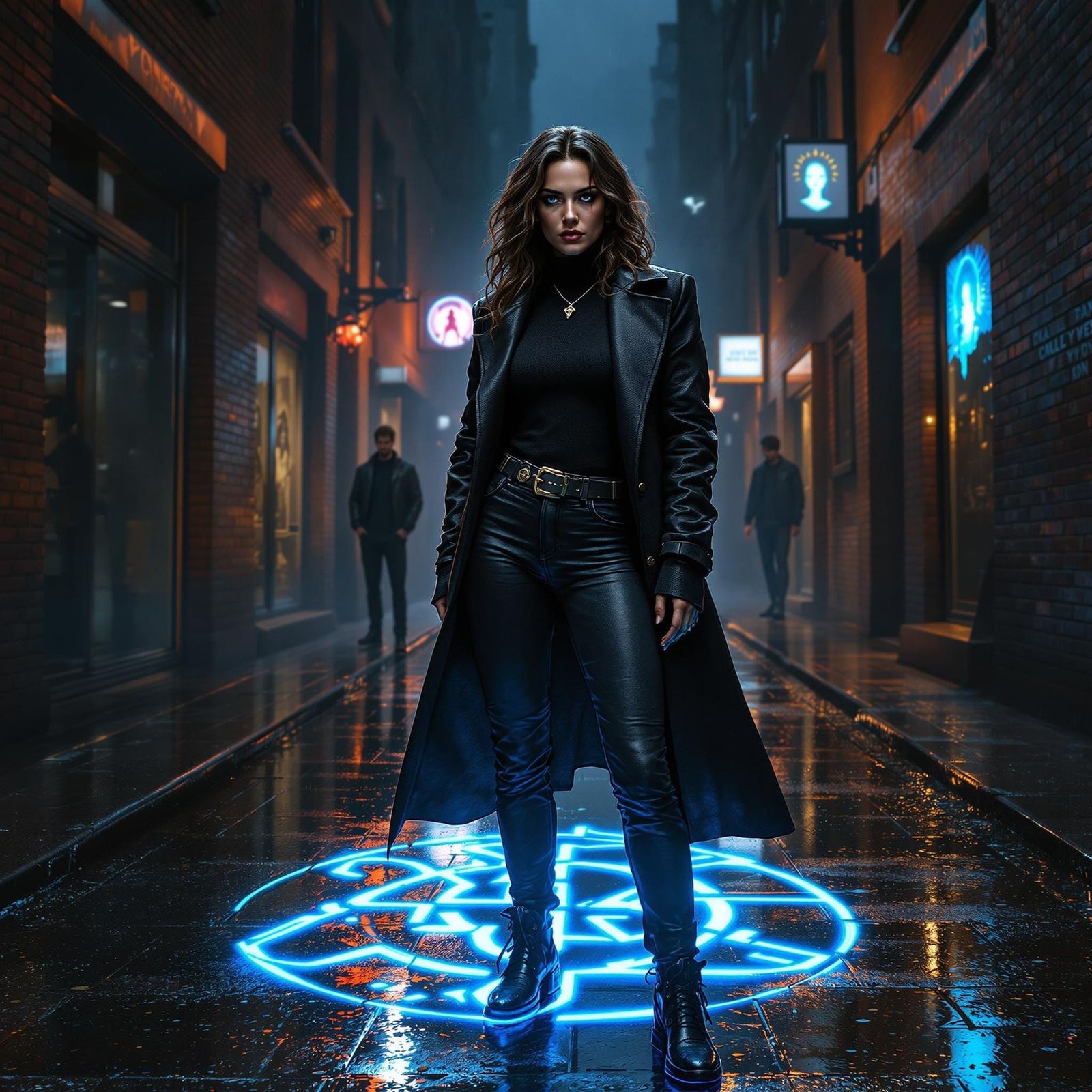 Rain-Soaked Alley: Woman with Glowing Runes at Night