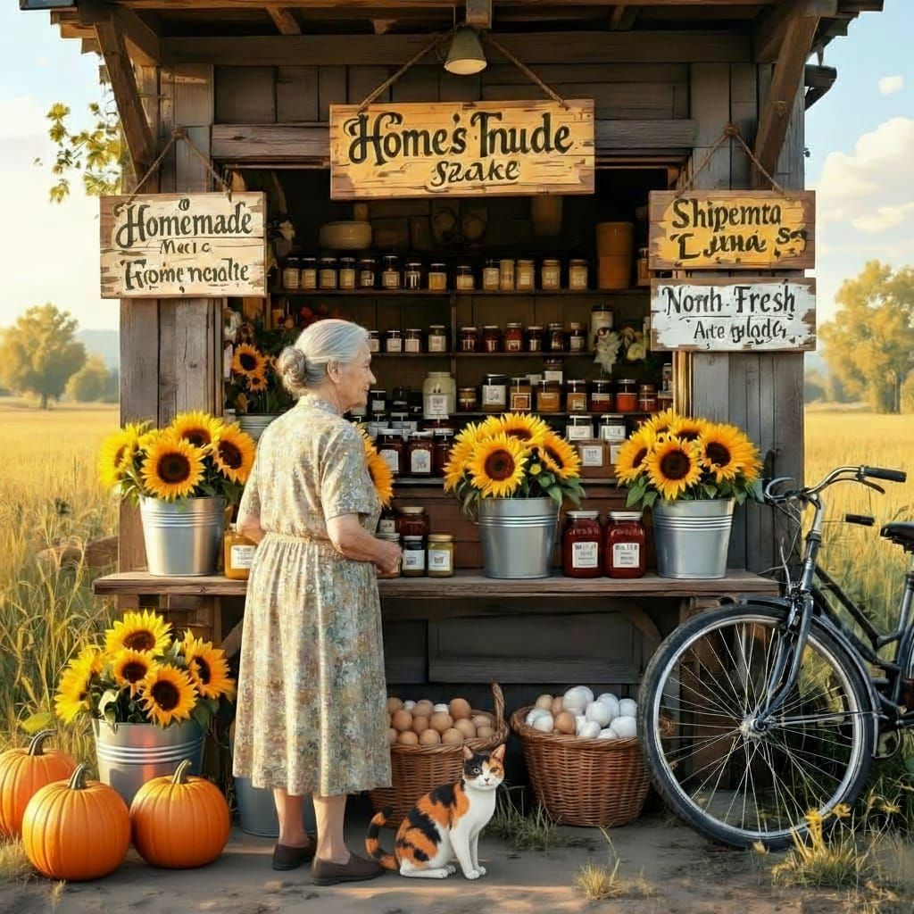 Rustic Roadside Stall with Sunflowers and Farm Goods