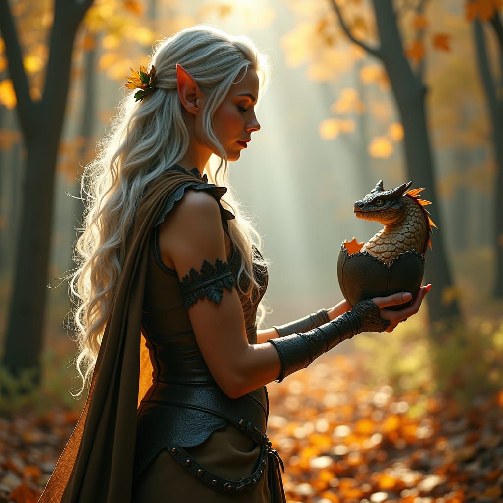 Elf Watches Dragon Hatching in Autumn Forest