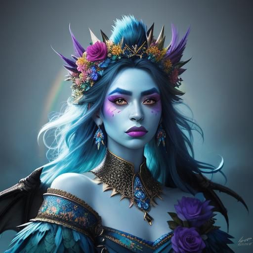 Rainbow Dragon Woman with Flower Crown: Hyperrealistic