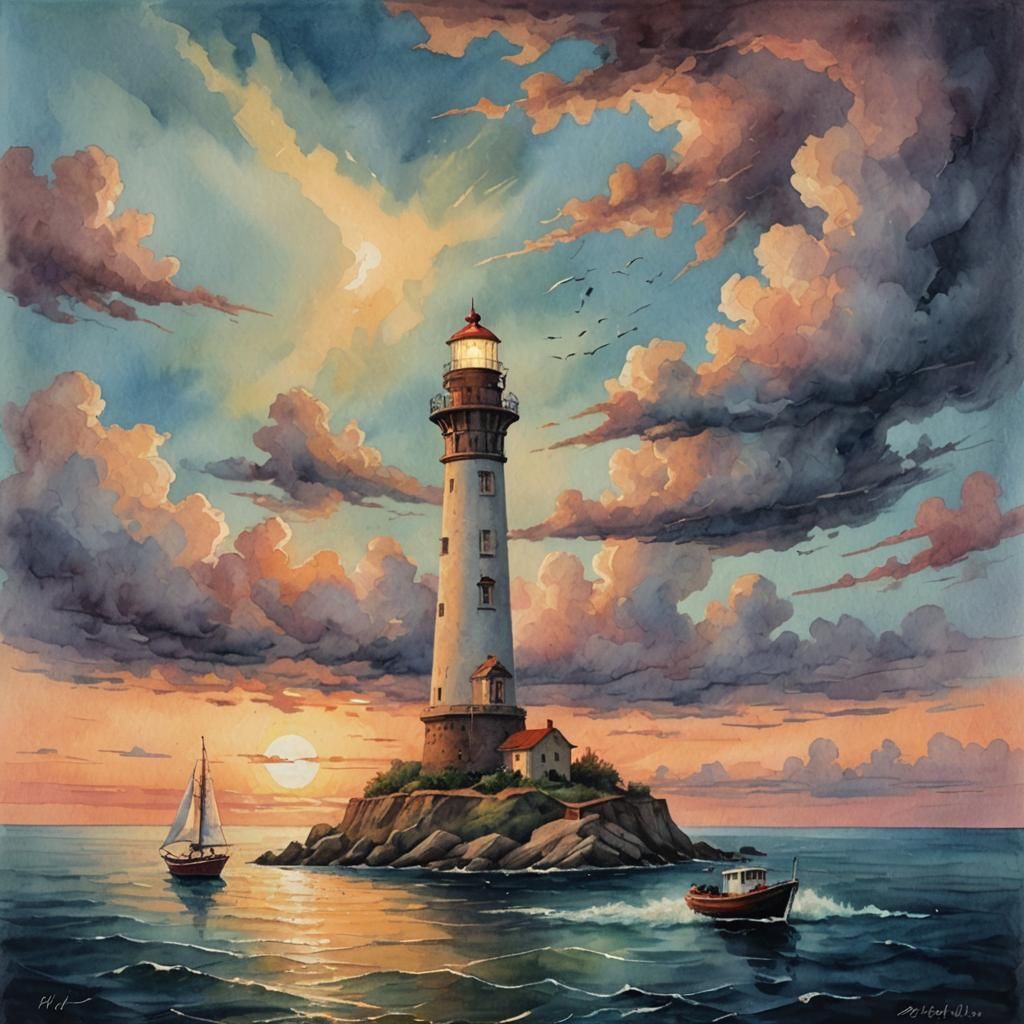 Spanish Lighthouse in Surrealist Watercolor Painting