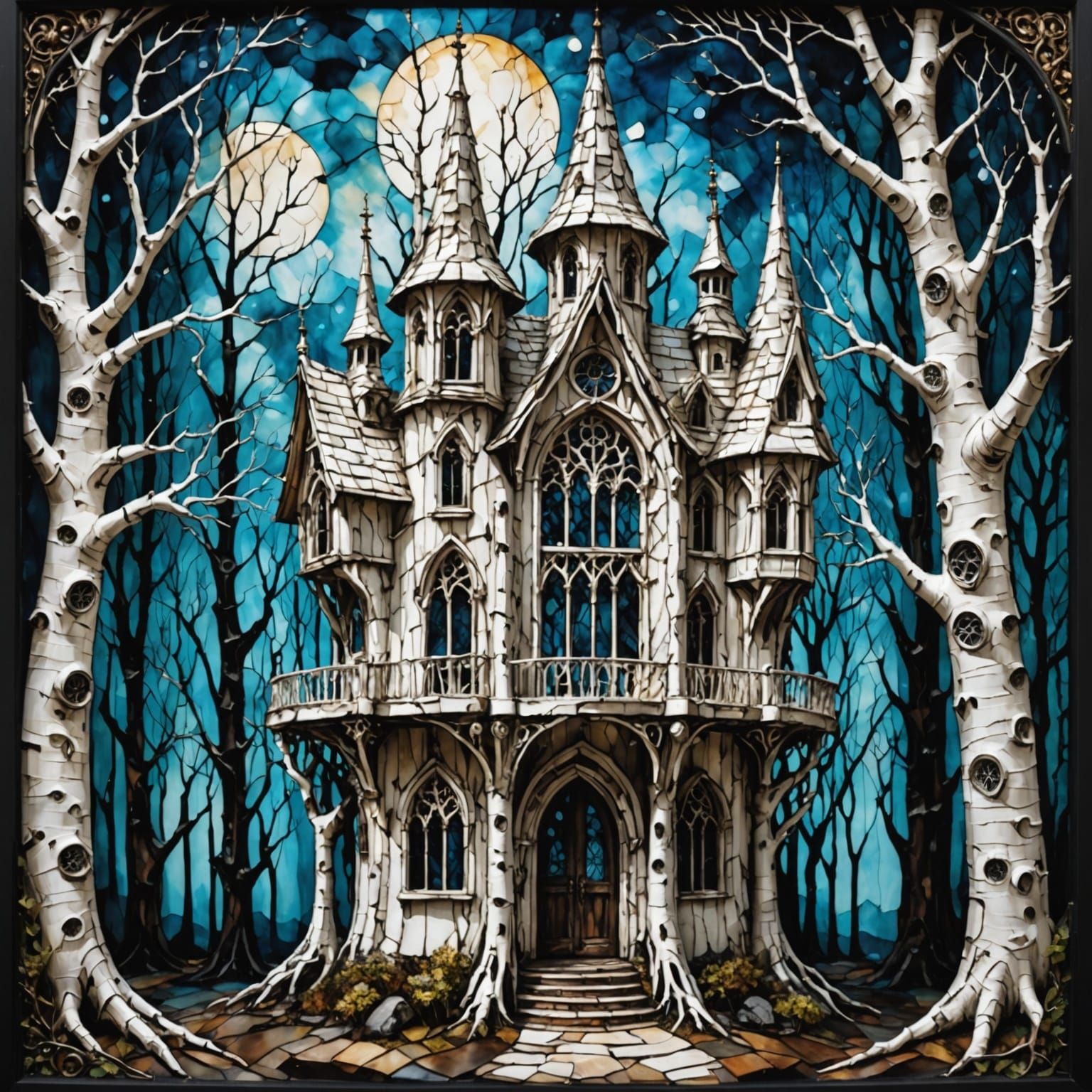 Gothic Birch Treehouse in Winter Forest