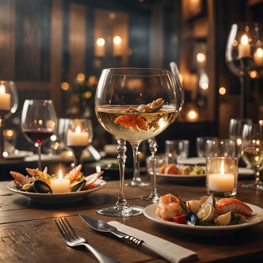 Wine and Seafood in Cozy Restaurant: Cinematic Still