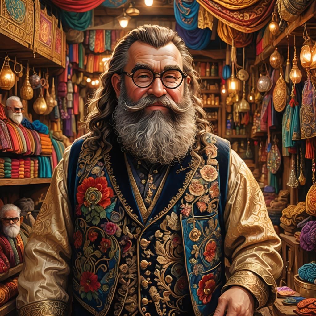 Dwarf Tailor at Fantasy Stall in Detailed Matte Painting