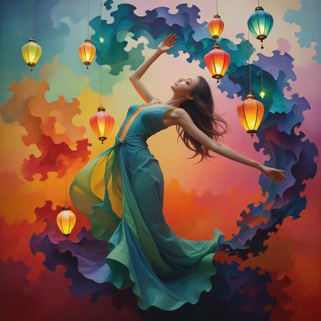 Surreal Lanterns and Woman in Triadic Colors