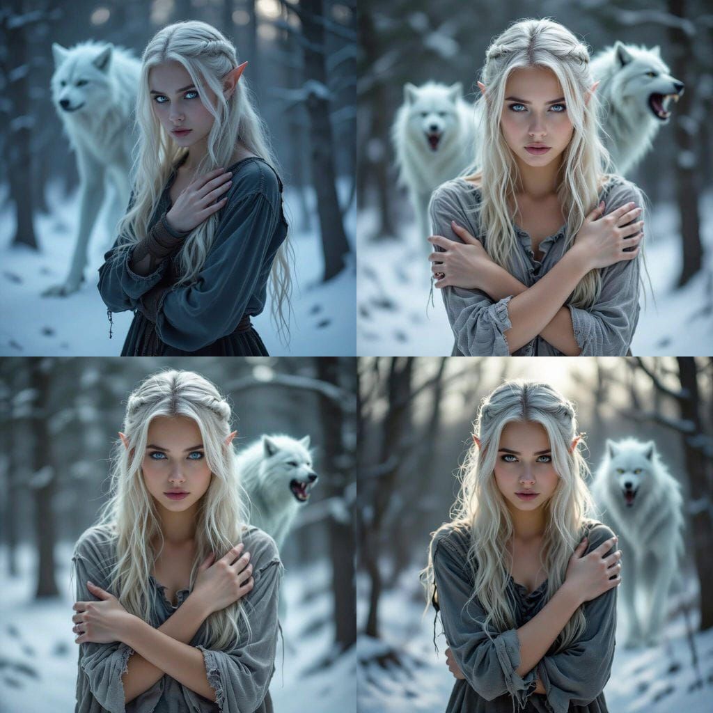 Haunted Elven Woman in Winter Forest with Lycan