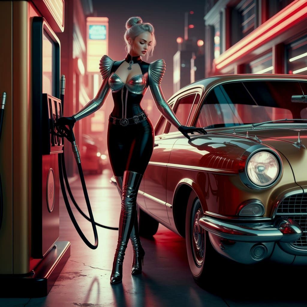 Dieselpunk Woman Refuels Car in Royo-Inspired Style
