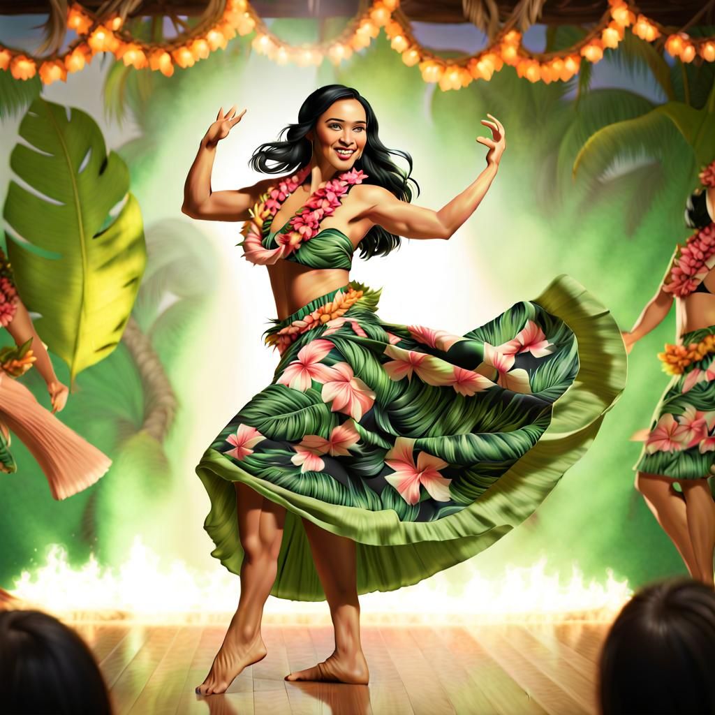 Hawaiian Woman Dances Hula on Lit Stage