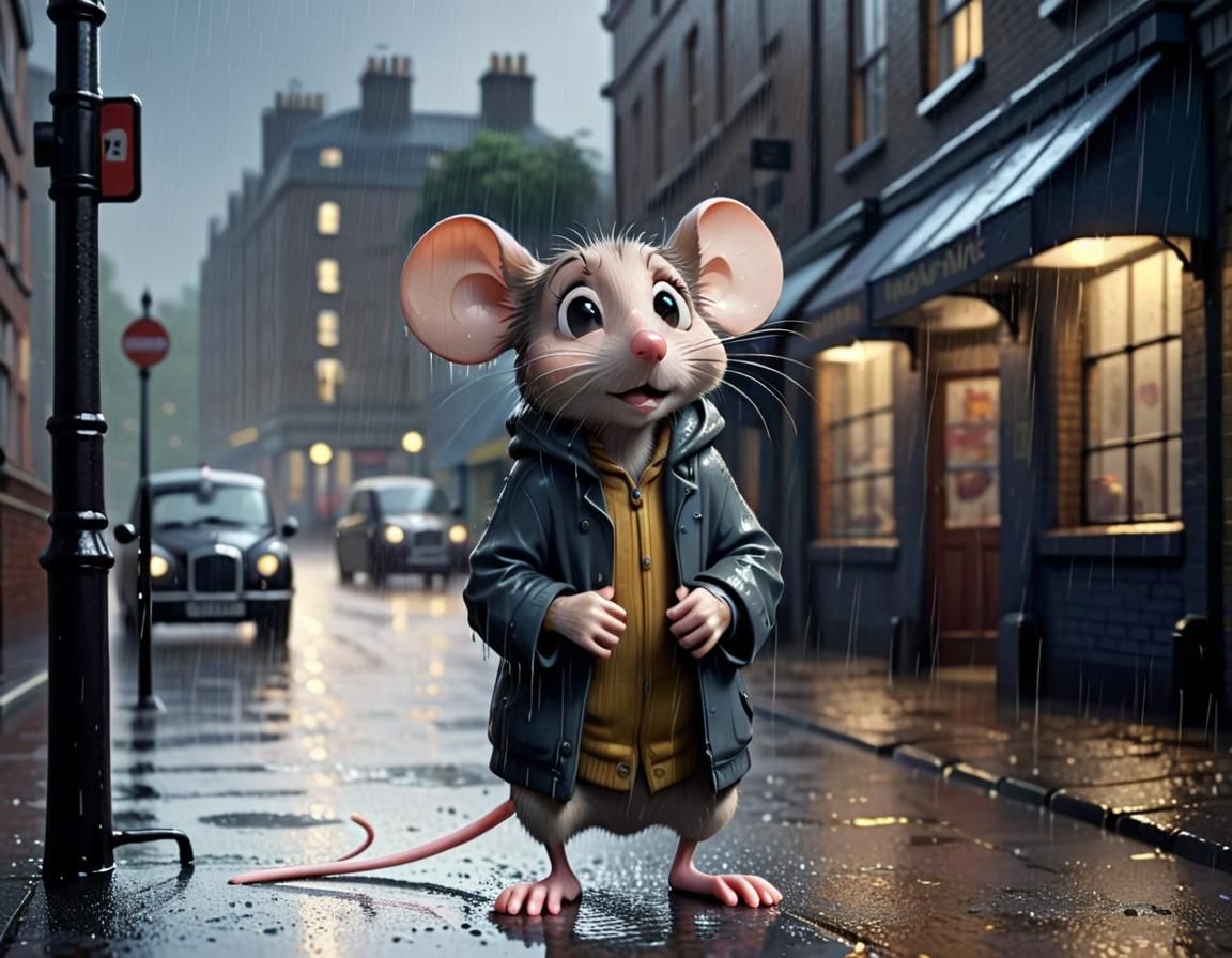 Sad Cartoon Mouse in Rainy London Street