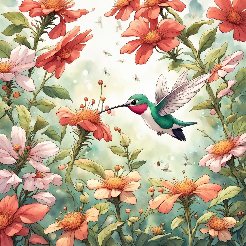 Anime Style Hummingbird and Bugs Sip Nectar