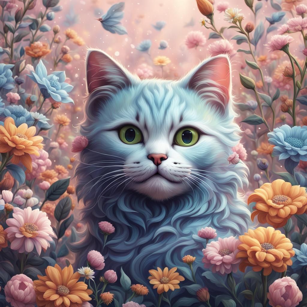 Smiling Cat with Floral Pattern in Pastel Colors