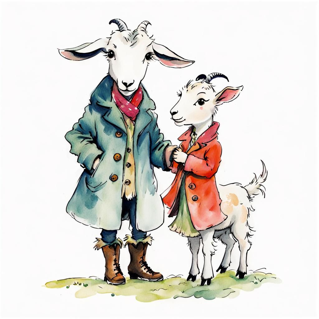 Chibi Goat and Girl in Quentin Blake Style