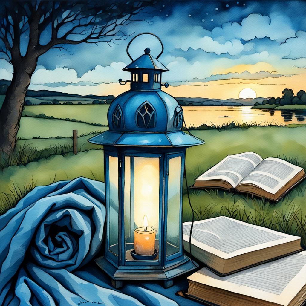 Lantern at Riverside Farmhouse: Oil and Ink Splash Art