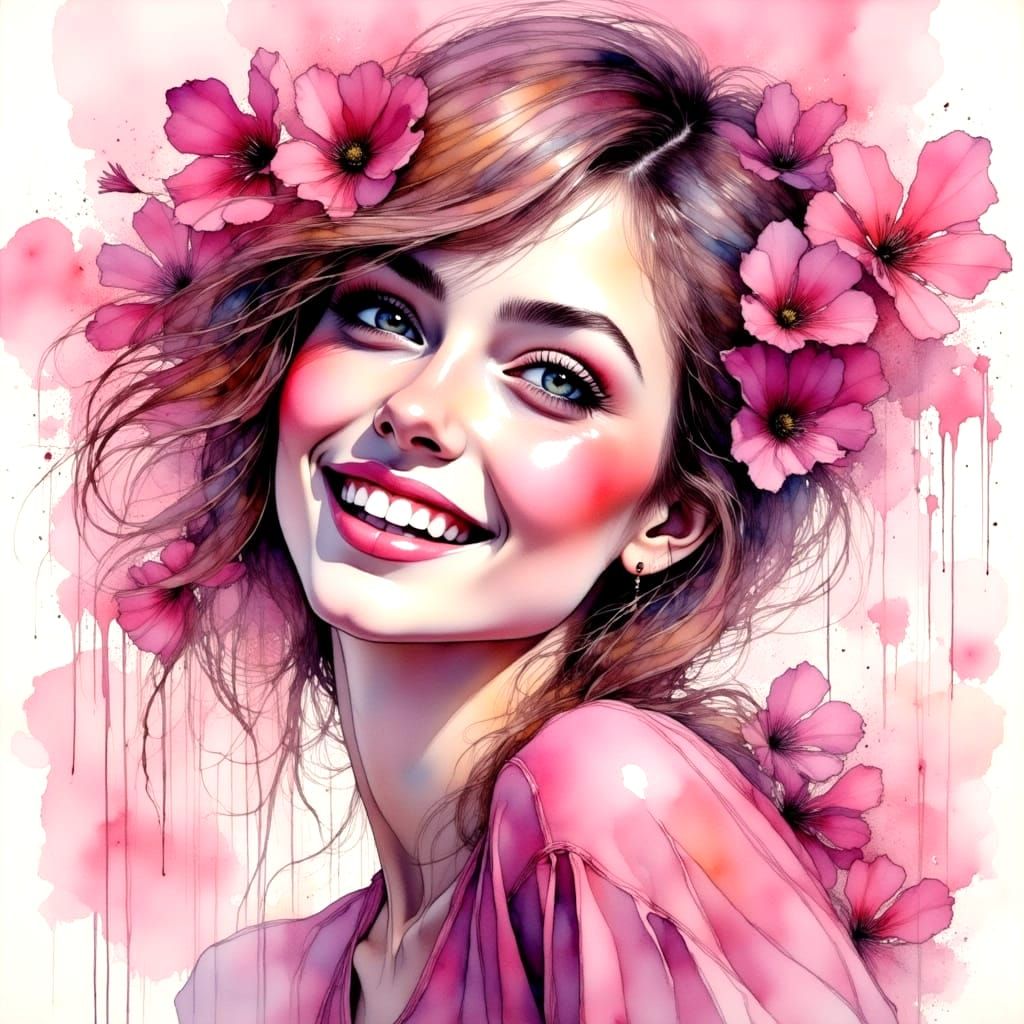 Ethereal Pink Dreamscape in Watercolor and Ink