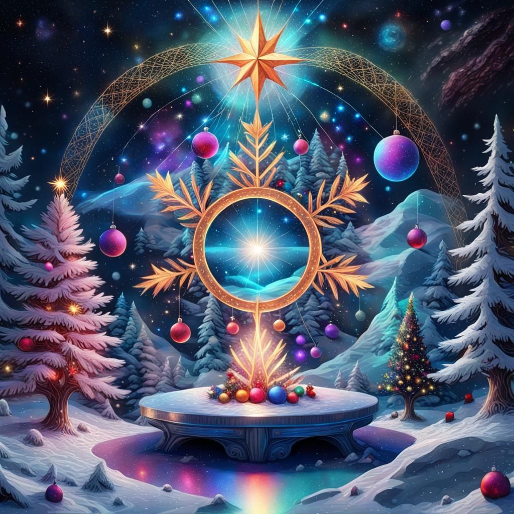 Cosmic Christmas Scene in Mixed Media Style