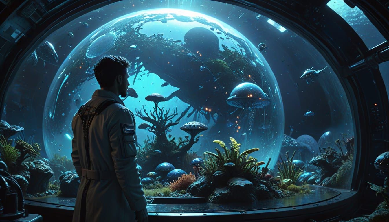 Mad Scientist Gazing at Alien Life Forms: Digital Art