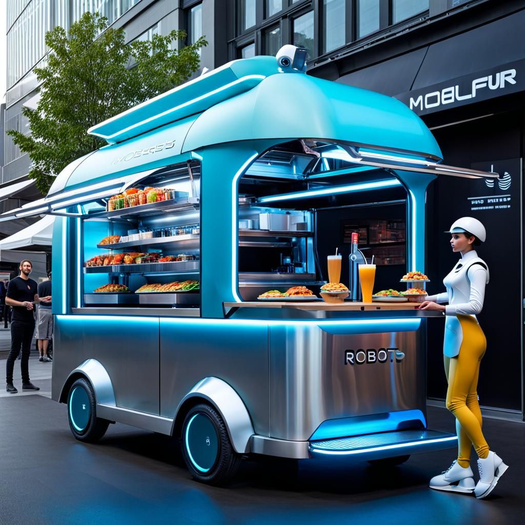 Futuristic Food Truck with Robot Waitstaff in Cyberpunk Styl...