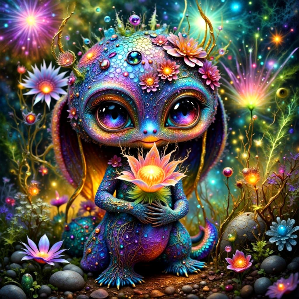 Whimsical Creature Holding Intricate Glowing Flower